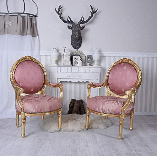 Sessel Set 2 Barock Armlehnsessel gepolstert Stühle Gold Rosa Fauteuil Stuhlgruppe Holz cat372a46 Palazzo Exklusiv