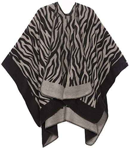 Sakkas 1928 - Lupe Damen Reversible Poncho Wrap Cape Schal Pullover Mantel Strickjacke Muster - Zebra Grau - OS