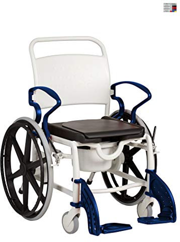 FabaCare Dusch- Toilettenrollstuhl Miami, 24 Zoll Räder, bis 150 kg, made in Germany, Premium Toilettenstuhl, Duschstuhl fahrbar, Rollstuhl mit WC Eimer, Grau-Blau