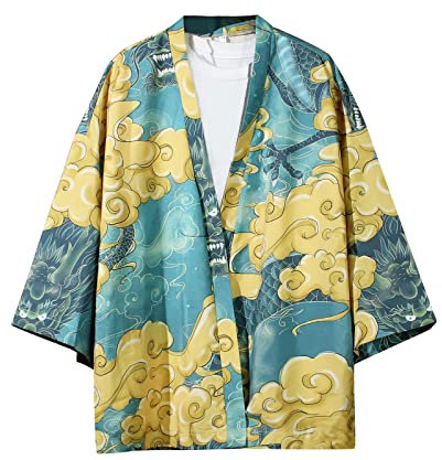Chemise à manches 3/4 pour homme, kimono japonais, Harajuku, chemise hawaïenne, chemises d'été, bleu, L