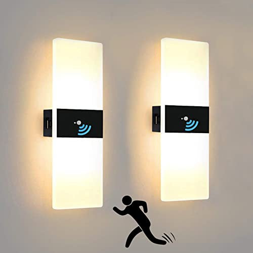 Aplique Pared a Pilas Interior LED con Sensor de Movimiento, 2,8w USB Recargable LED Lámpara de Pared sin Cable con Interruptor, 2000Mah Batería Acrílico Luz Lámpara Pasillo, Negro, 3000K