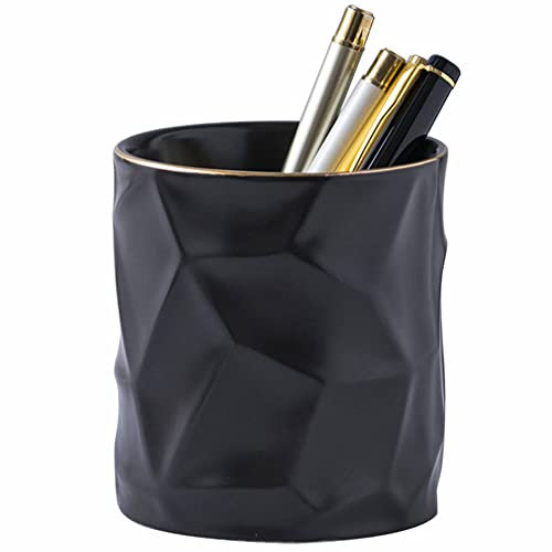 YOSCO Unregelmäßiger runder Stifthalter für den Schreibtisch, niedlicher Ständer, goldfarbene Linie, Bleistiftbecher, Schreibtisch-Organizer für Mädchen, Kinder, Make-up-Pinselhalter (schwarz)