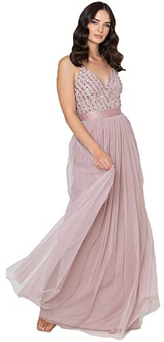 Maya Deluxe Ladies Womens Maxi Dress Long Length Wedding Guest Bridesmaid Prom Summer Evening Gown V Neck Straps Bow Tie Vestito per Il Ballo di fine Anno, Rosa Satinato, 50 Donna