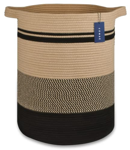 COMSE Extra Large Blanket Basket, Tall Laundry Basket, Nursery Hamper, 40 x 55 CM, Cotton Rope Woven Laundry Hamper for Storage Toys Clothes Towels, Brown & Black