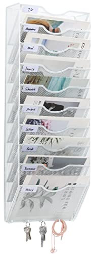 EasyPAG 10 Fächer Metall A4 Zeitschriften Wandhalter Zeitschriftenhalter Wand Aktenablage Dokumentenhalter Magazin Wandhalterung Post Organizer Prospektspender Flyerhalter Hängend mit 5 Haken,Weiß