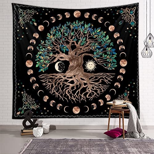 Zodight Baum des Lebens Wandteppiche Mondphasen Tapestry, Schwarz-Weiß-Sonne-Mond-Tapisserie Wandbehang, Psychedelisches Mandala Wandteppich für Wohnzimmer Tagesdecke Zimmer Schlafzimmer