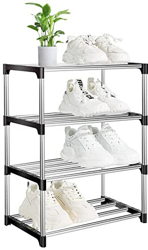 OLYREO 4 Tier Shoe Rack Stackable Small Shoe Racks Footware Storage, Slim Shoe Rack Storage Organizer, Durable Metal Shoe Shelf for Closet Entryway Hallway Bedroom Quick Assembly