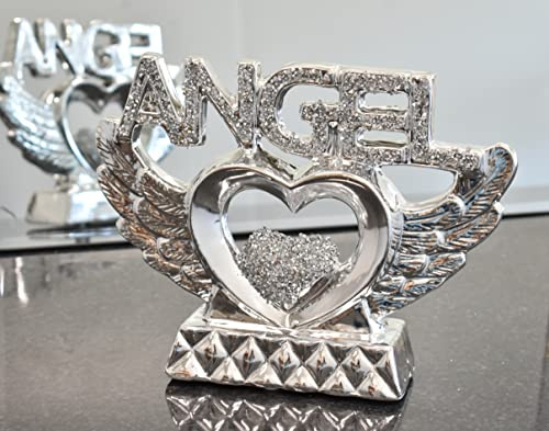 DEENZ Silver Crushed Diamond Angel Heart With Wings Sparkle Ornament Lovely Display Handmade Craft Home Decor, Wedding Anniversary, Birthday Present, Gift For Your Love