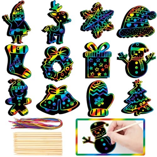 48 Stück Weihnachten Kratzbilder, Kratzpapier Bastelset, Weihnachtsmann, Elch, Schneeflocken, Kranz, Glocken, Weihnachtsbaum DIY Regenbogen Magie Kratzpapier Ornamente für Party Favor Urlaub Dekor