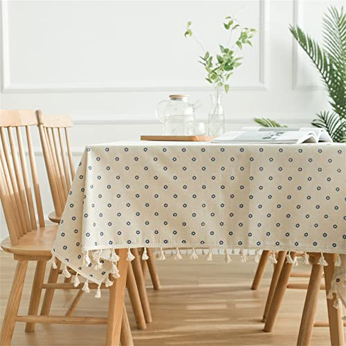 TROYSINC Tischdecke Landhausstil, Blau Gänseblümchen Druck Tischtuch mit Quaste, Baumwolle Leinen Abwaschbar Table Cloth, Dekor Tischdecke für Esszimmer Küche (90 x 90 cm)