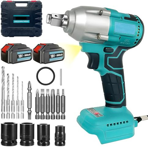 18V Brushless Impact Driver, Cordless Li-ion Impact Wrench Compatible with Makita with 1/4 Hex & 1/2 Square 450N.M, 2 X 5.5Ah Batteries, for Small Car Tire Unload Installation