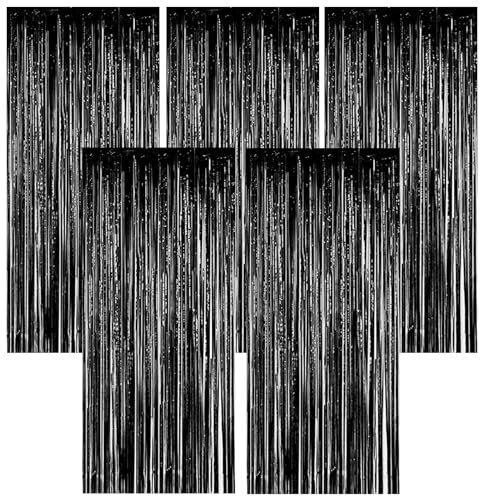 Torytoe Lametta Vorhang Schwarz, 5 Stück Metallische Glitzervorhang Geburtstag 1x2M Folie Vorhang Glitzer Tinsel Curtains Folienfransen Vorhang für Geburtstage Festivals Hochzeit Party Bühnendekor