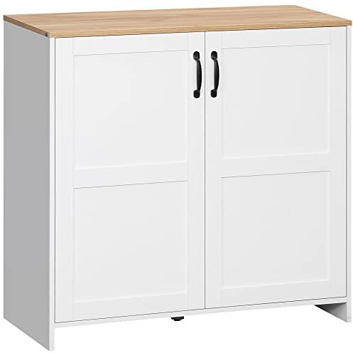 HOMCOM Armoire Meuble de Rangement Buffet Cuisine avec Placard 2 Portes et 2 étagères réglables - Blanc et Aspect Bois - 90 x 39,5 x 88 cm