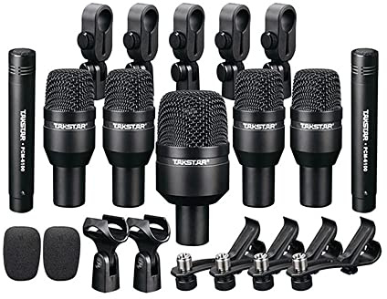 Takstar 7 Piece Drum Instrument Mic Kit, Professional Condenser & Dynamic Microphones for Kick, Snare, Toms, & Congas, Phantom Power, Auxiliary Input, 2.1 Channel, CD Compatible
