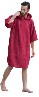 ALLEN & MATE Handtuch-Poncho mit Kapuze für Erwachsene, 100% Frottee-Baumwolle, Wickelmantel zum Schwimmen, Surfen, Baden am Strand (L-XL, Weinroter Delphin)