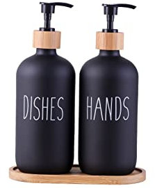 Glass Kitchen Soap Dispenser Set with Tray by Brighter Barns - Hand and Dish Soap Dispenser for Kitchen Sink - Glass Soap Dispenser - Modern Boho Farmhouse Kitchen Decor (Black)