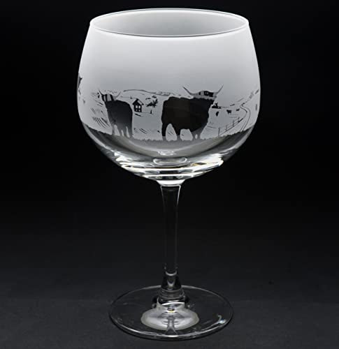 GLYPTIC Glass Art Highland Cattle Hand Etched/Engraved Gin Cocktail Glass