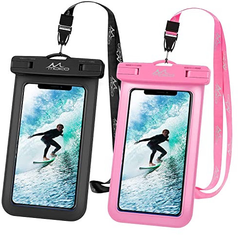 MoKo Underwater Phone Pouch 2Pack, Waterproof Phone Case Bag with Lanyard Compatible with iPhone 14 13 12 11 Pro Max X/Xr/Xs, SE 3/2, Galaxy S22/S21/20, Note 20/10, Black+Pink