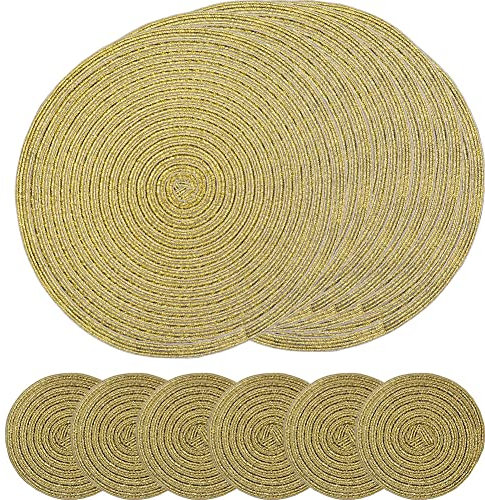 SCF2017 Tovagliette rotonde in plastica glitterata, 30 cm e sottobicchieri da 11 cm, set da 6, colore: oro