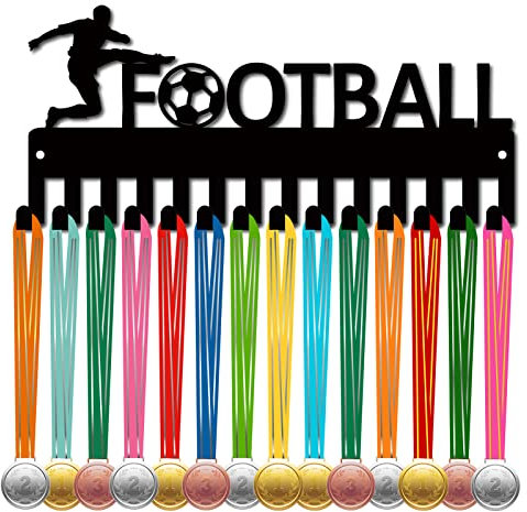 CREATCABIN Fußball-Medaillenaufhänger Medaillenhalter Rack Metall Aufhängen Auszeichnungen Eisen Kleine Halterung Dekor Mit 14 Haken Für Wand Zuhause Abzeichen Rennen Gymnastik Schwimmen 29x13cm