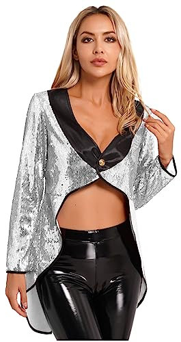 JEATHA Damen Pailletten Zirkus Frack Jacke Glitzernde Smoking Oberbekleidung Halloween Fasching Zirkus Damen-Kostüm Silber L