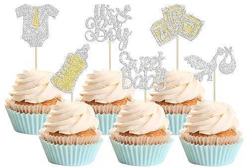 Gyufise 24Pcs Sweet Baby Cupcake Toppers Glitter It's a Boy Cupcake Picks Tie Onesie Baby Bottle Baby Shower Cake Decorations for Gender Reveal Baby Shower Kids Boys Birthday Party Supplies Silver