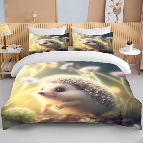 Süßer Igel Bettwäsche 135x200cm Pflanzen Blumen Tiere Igel Kinder Bettbezug Set 3 Teilig Microfaser 3D Motiv Luxus Modern Bettdeckenbezug Mit Reißverschluss und 2 Kissenbezüge 80x80cm