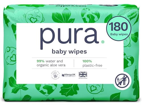 Pura Eco Friendly Baby Water Wipes 3 x 60 per pack, (180 Wet Wipes) 100% Plastic Free, 99% Water, Biodegradable, Compostable, Vegan Monthly Pack, Suitable for Sensitive & Eczema Prone Skin