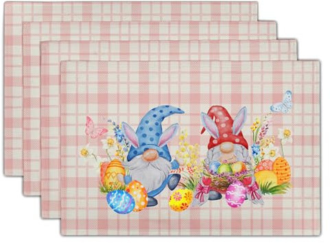 Ostereier-Platzsets, 4 Stück, rosa Büffelkaro, kariert, Tischsets, 30,5 x 45,7 cm, Vintage-Wichtel, Platzsets, Urlaub, Party, Esstisch, Matte für Bauernhaus, Zuhause, Küche, Osterdekoration