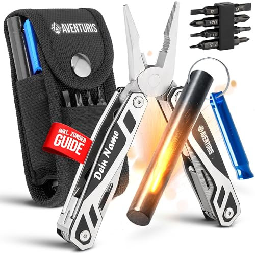 AVENTURIS® Multitool-Feuerstahl-Set PERSONALISIERT, Survival-Outdoor- Ausrüstung für Jede Situation 21 Funktionen Multitool Werkzeug kombiniert mit Feuerstahl als Set. Top Outdoor-Messer