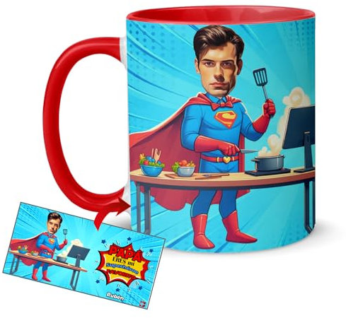 Kembilove Taza personalizada con caricatura y nombre para Papá - Tazas para padres - Tazas originales para regalar - Día del Padre regalos - Tazas desayuno en cerámica 350ML (Superpapá)