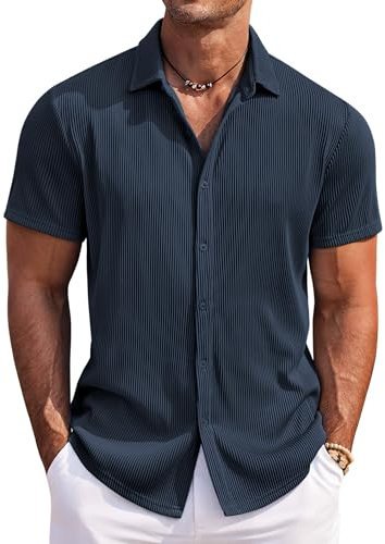COOFANDY Camisa de hombre de manga corta, corte regular, camisa de verano, sin planchado, con botones, informal, para la playa, azul marino, L
