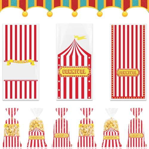 Threetols Zellophantüten für Karneval, Zirkus, Geschenk, Leckerli, Snackbeutel, Süßigkeitentüte, rot-weiß gestreift, Plastiktüten mit Bindebändern für Zirkus, Karneval, Babyparty, Gastgeschenk, 120
