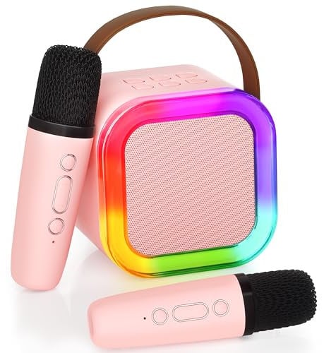 Ankuka Karaoke Machine for Kids Adults, Mini Portable Bluetooth Speaker with 2 Wireless Microphone, Kids Toys Birthday Gifts for Girls Ages 4, 5, 6, 7, 8, 9, 10, 12 +Year Old Family Home Party(Pink)
