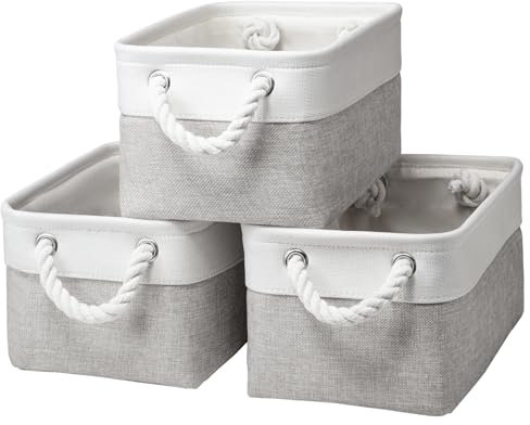 Small Storage Baskets With Handles, Fabric Canvas Material Storage Box for Home Office Products Organize, Small Storage Box Fit Cat Dog Toy, Gift Basket, 31 X 21 X 16 cm (White & Light Grey-3pack)