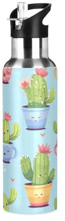 Sukkulenten Kakteen Kaktus Trinkflasche Wasserflasche mit Strohhalm, Thermosflasche Vakuumisolierte aus Edelstahl 18/8, BPA-frei für Kinder Sport Wandern Schule (600ml/1L)