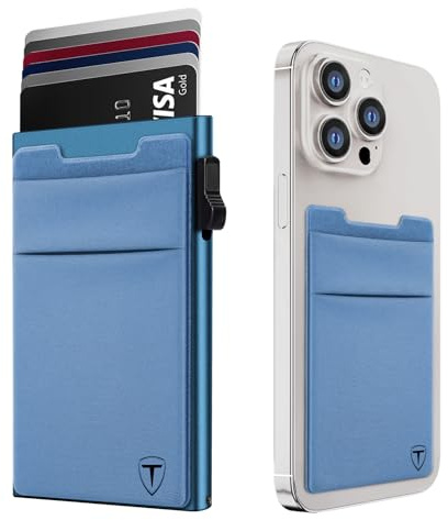 TOYFID Königsblaues Aluminium Pop-up Slim Card Wallet, RFID | Pop-up-Kartenhalter mit Geldscheinfach. Lycra-Bezug. Bonus-Tuch. Automatischer Auswurf. RFID-Schutz.