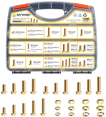 Mywish 740 Pcs M6/M8/M10/M12 Metric Bolts and Nuts Kit, Grade 8.8 Heavy Duty Hexagon Head Bolts, Nuts and Bolts Assortment Kit, with Flat & Lock Washers, Yellow Zinc Plated Coating, Fully Threaded