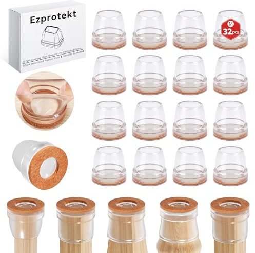 Ezprotekt Chair Leg Covers, 32 PCS 1 Transparent Silicone Chair Leg Floor Protectors with Wrapped Felt, Rubber Chair Leg Caps, Furniture Feet Protectors Pads, No Noise No Scratches