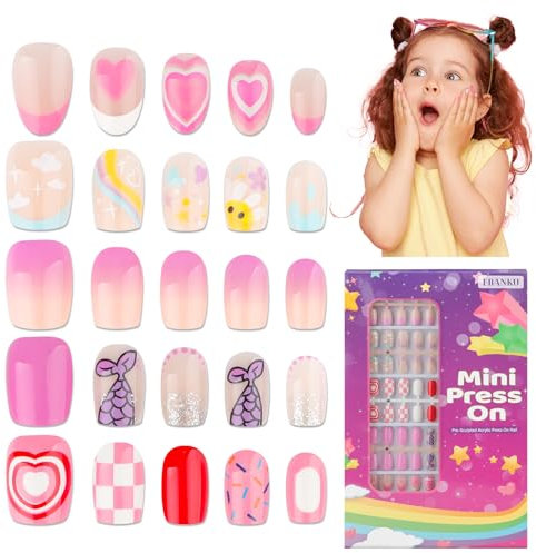 EBANKU 130 Pieces Press on Nails Grils, Children Fake Artificial False Nail Tips Full Cover Short Acrylic Nails for Girls Kids Nail Art Decoration
