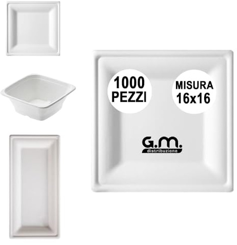 G.M. DISTRIBUZIONE 1000 Piatti Quadrati Bianchi in Polpa di Cellulosa 16x16 cm, Ideale per Cibi Caldi e Freddi, Piatti Imperameabili Usa e Getta Adatti al Microonde, Biodegradabili e Compostabili