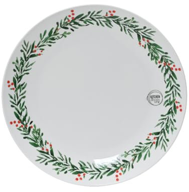 Kaemingk Plato de cena redondo de porcelana con patrón de acebo, 1 pieza