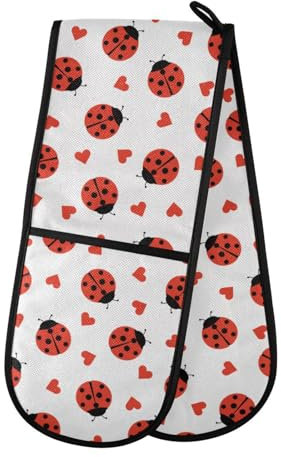 Double Oven Gloves Heat Resistant Red Heart Ladybugs Double Oven Mitts Pot Holder Heat Protection Oven Gloves for Home Kitchen Baking Cooking BBQ Microwave