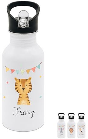 wunderwunsch® - Personalisierte Trinkflasche Kinder Edelstahl [ 500ml ] - Robuste Trinkflasche mit Namen - Wasserflasche mit Trinkhalm - Personalisierte Geschenke für Kinder (Tiger Girlande)