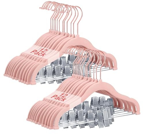 Wellong Perchas de Terciopelo con Clips, Perchas para Ropa de Niños de 30cm, Perchas Antideslizantes para Niños Pequeños y Bebés 24 Piezas Rosa (Oro Rosa)