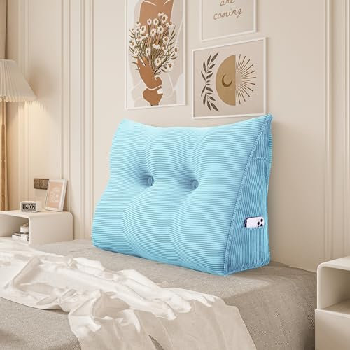 BNCKTRD Rückenkissen Keilkissen Rückenlehne Kissen für Bett Sofa Kopfteil Gepolstert Bettkissen Wandkissen Sofakissen Groß Rueckenkissen Couchkissen Dekokissen Kordsamt Azurblau 80cm