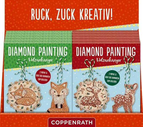 Diamond Painting Holzanhänger: Frohe Weihnachten: VE 10 sort. / Reh / Fuchs: Alles-drin-Set für 2 glitzernde Anhänger: 2 unbehandelte Holzanhänger ... funkelnde Diamonds und Bändchen, ab 8 Jahren