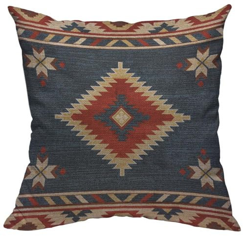 TKS MITLAN Southwest Diamant-Kissenbezüge aus Leinen, für Sofa, Couch, 45,7 x 45,7 cm, indischer Stil auf blauem Hintergrund, dekorativ, 45,7 x 45,7 cm