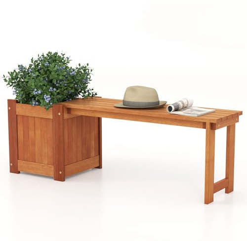 TANGZON Wood Planter Box with Bench, Raised Garden Bed with Seat, Teak Oil Finish & Open-ended Base, Outdoor Flower Box Kit Patio Decor Bench for Garden Yard Balcony (1 Planter Box)