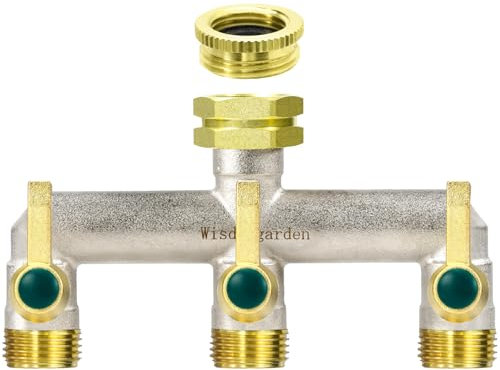 Wasserverteiler 3fach, Durchflussstarker 3 Wege Verteiler Wasser, Vernickelt Messing Wasserhahn Verteiler, Garten Verteiler 3 Wege mit Grün Verlängerungsgriffen,3/4 Zoll Robustheit Sechskantverbindung